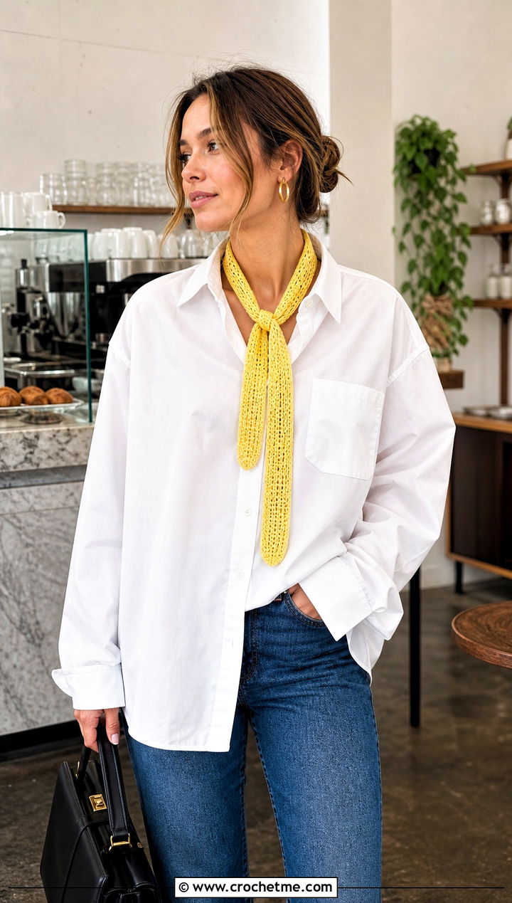 Skinny Crochet Sally Scarf With White Shirt And Jeans - 20 Crochet Sally Scarf outfit ideas