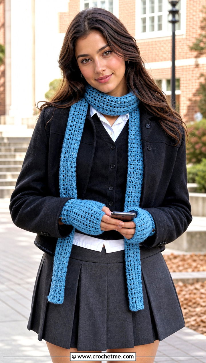 Skinny Crochet Scarf And Texting Mittens With Pleated Mini Skirt - 15 Crochet Scarf And Mittens Set outfit ideas