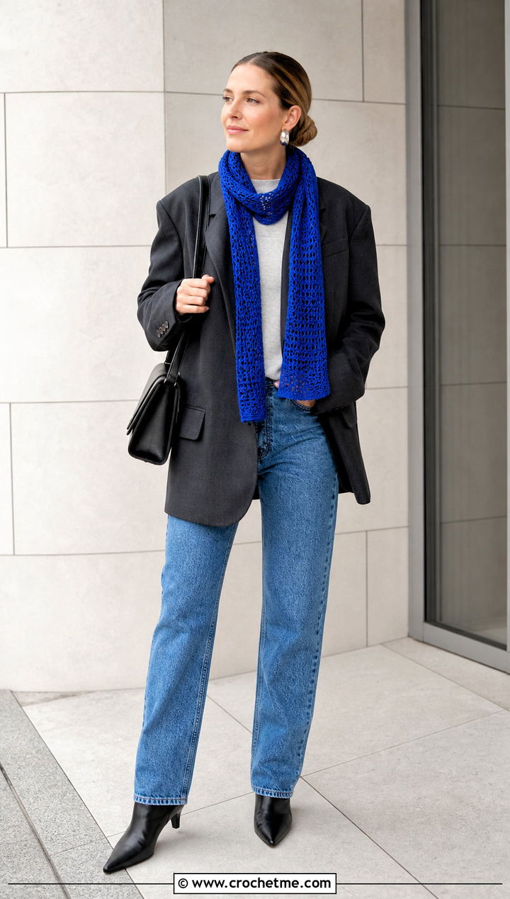 Skinny Crochet Scarf With Blazer And Jeans - 35 crochet neck scarf outfit ideas