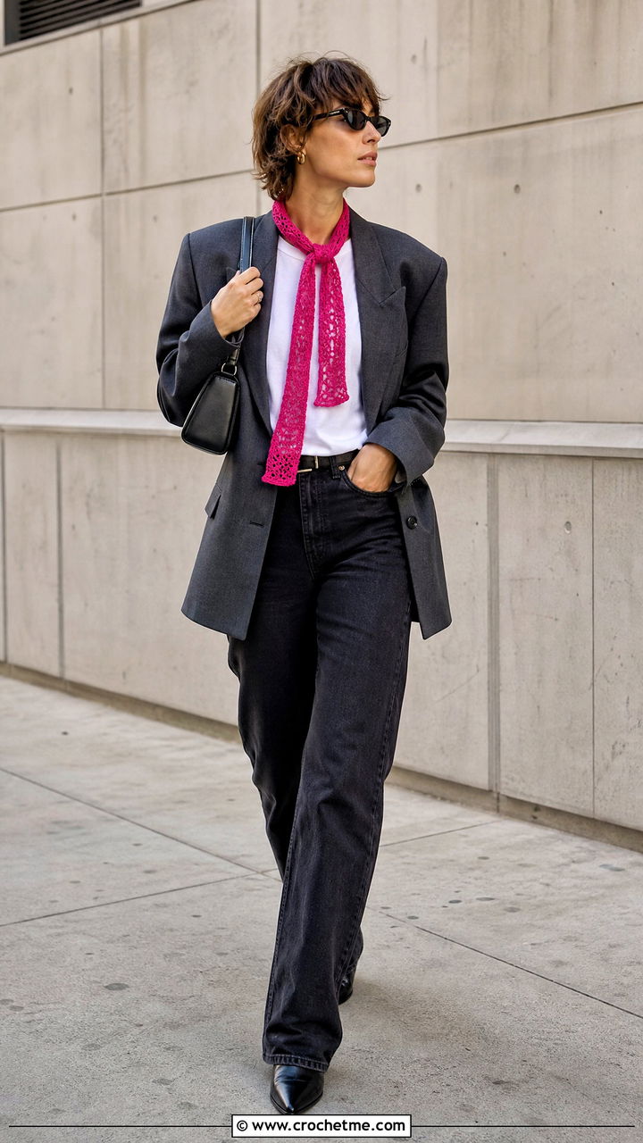 Skinny Crochet Scarf With Blazer And Jeans - 35 easy crochet scarves outfit ideas