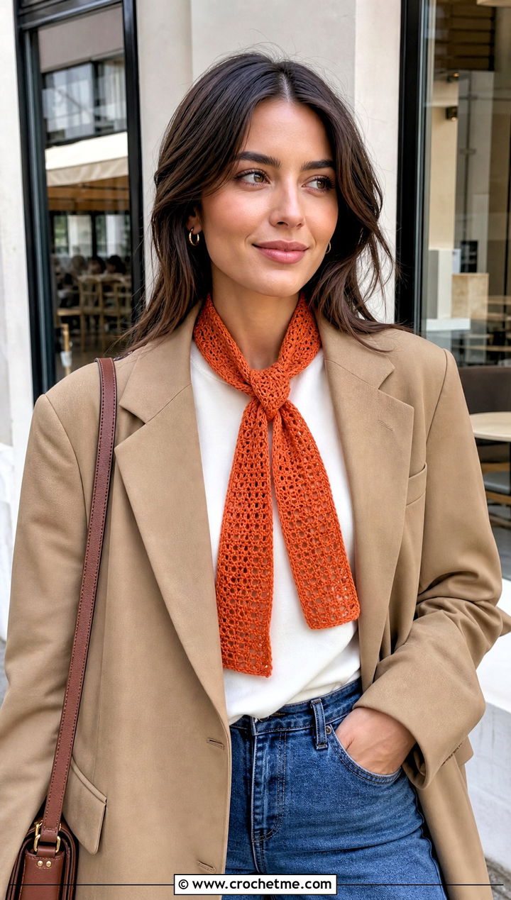 Skinny Crochet Scarf With Blazer And Jeans - 25 Multifunctional Crochet Scarf outfit ideas