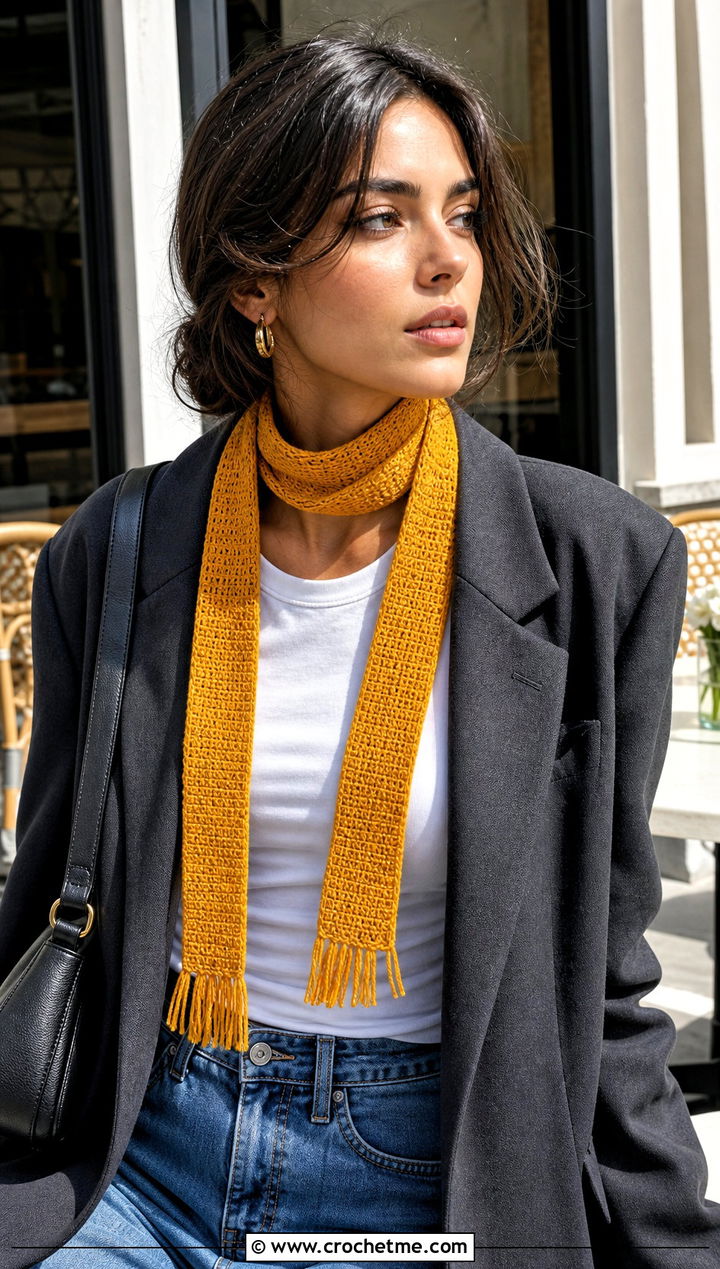 Skinny Crochet Scarf With Blazer And Jeans - 25 Small Crochet Projects Clothes and outfit ideas
