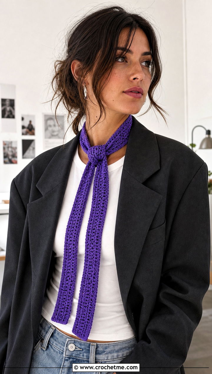 Skinny Crochet Scarf With Blazer And Jeans - 30 wanderlust crochet scarf outfit ideas
