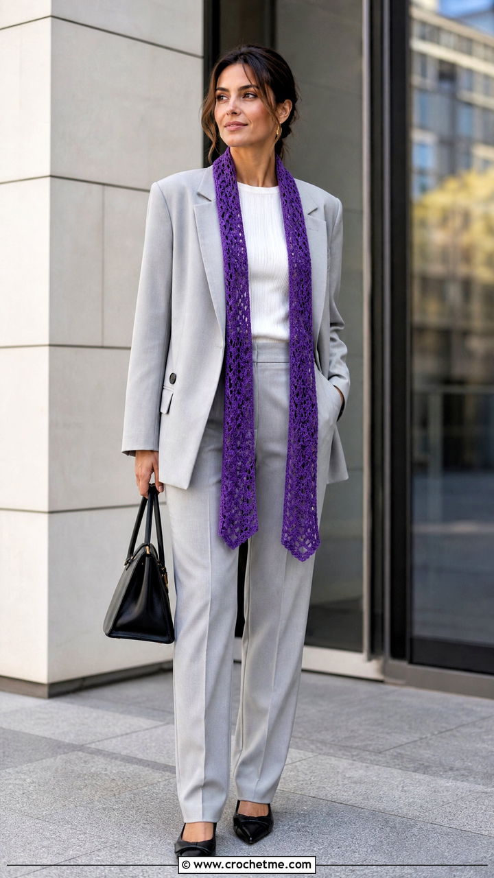 Skinny Crochet Scarf With Blazer And Trousers - 35 easy crochet scarf outfit ideas
