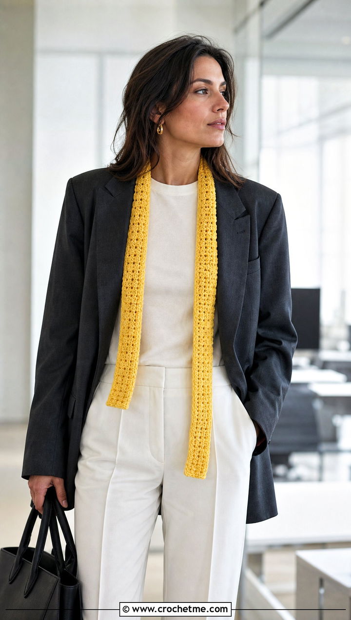 Skinny Crochet Scarf With Blazer And Trousers - 25 Crochet Fun Scarf outfit ideas