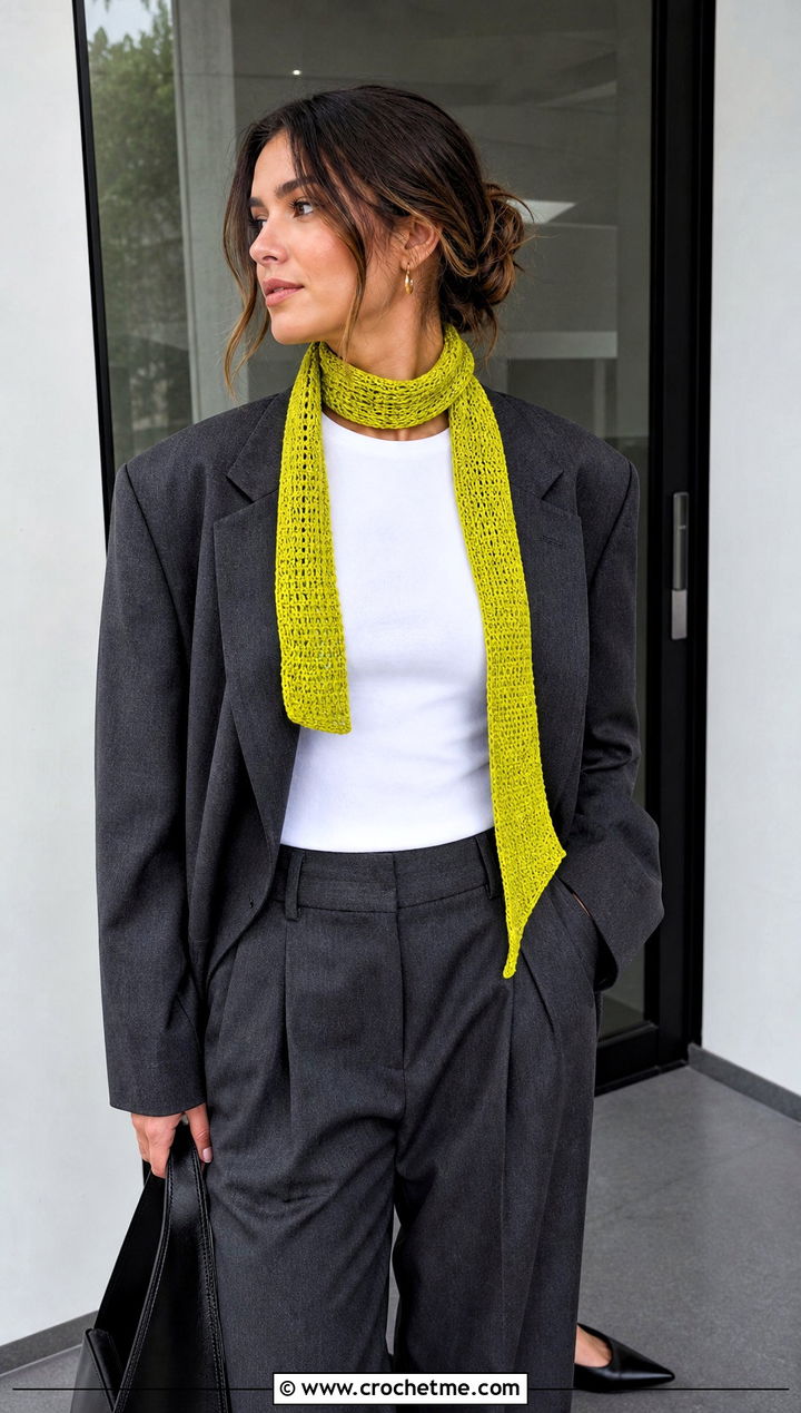 Skinny Crochet Scarf With Blazer And Trousers - 25 pretty crochet scarf outfit ideas