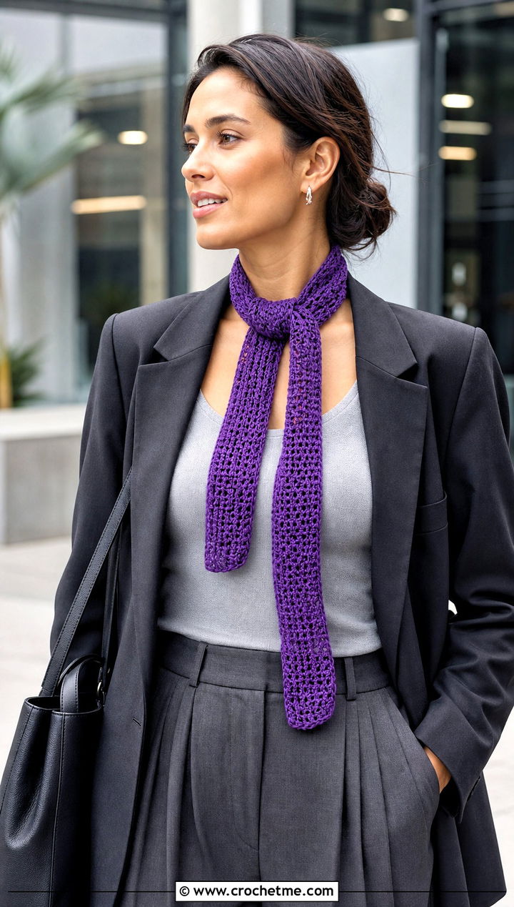 Skinny Crochet Scarf With Blazer And Trousers - 25 super crochet scarf outfit ideas