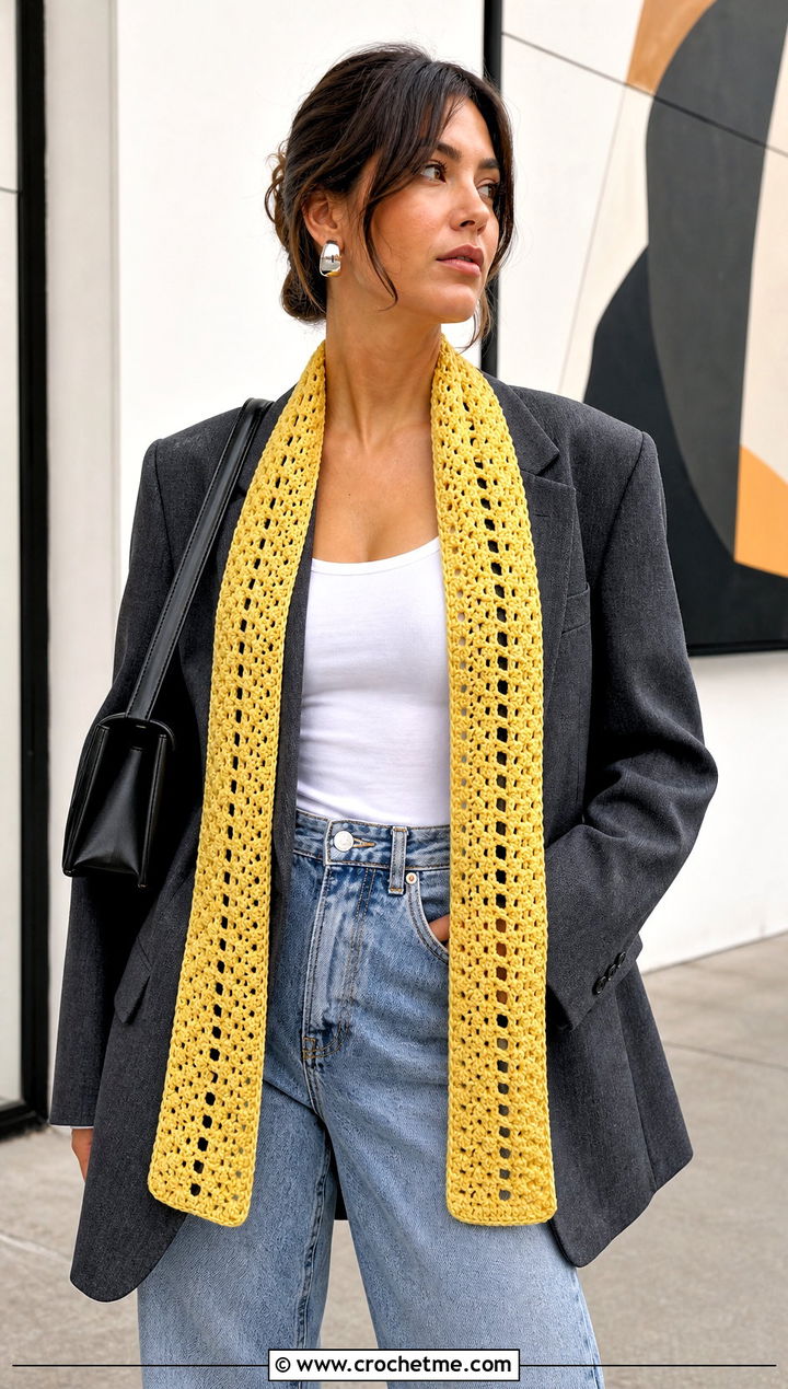 Skinny Crochet Scarf With Blazer and Jeans - 25 boho crochet scarf outfit ideas