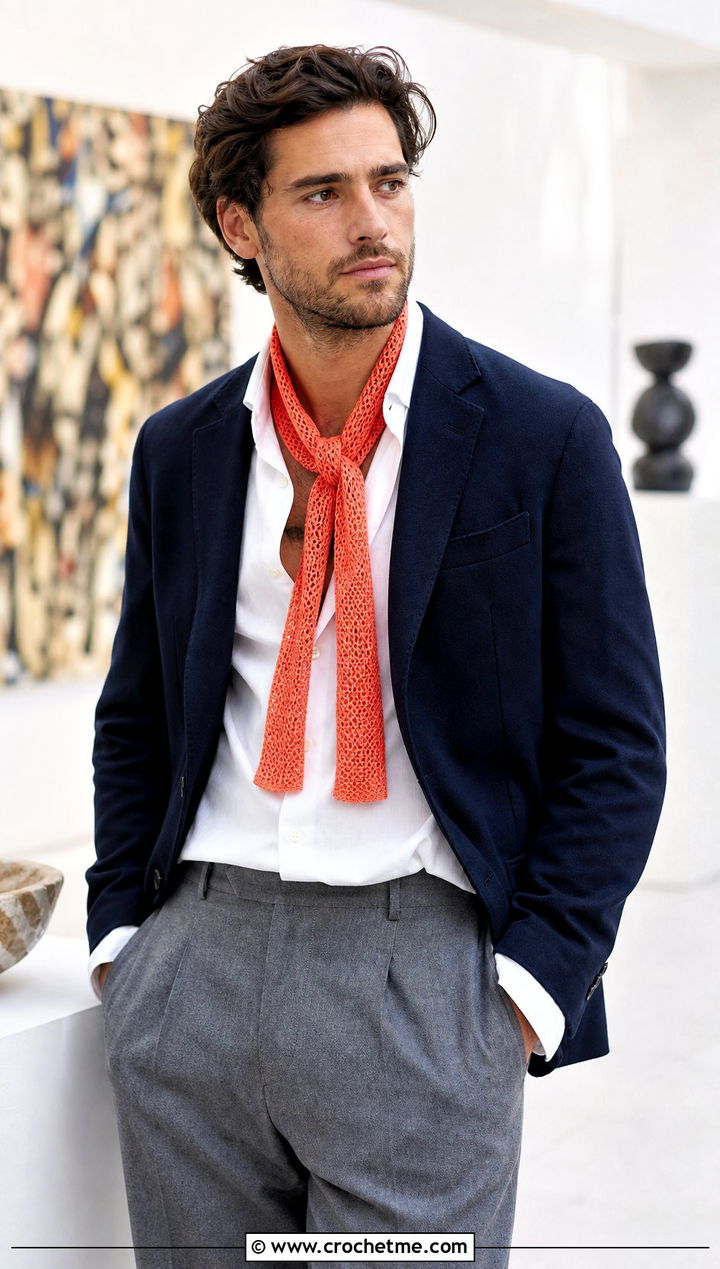 Skinny Crochet Scarf With Blazer - 30 Mens Crochet Scarf outfit ideas
