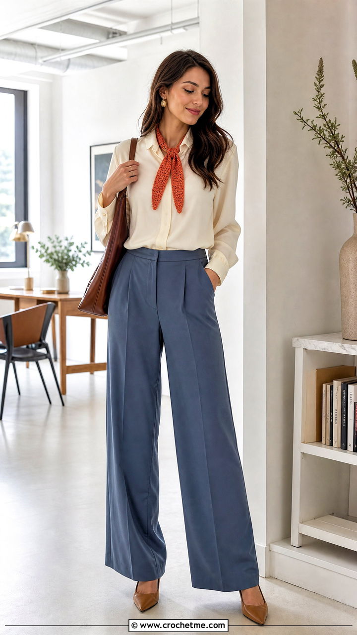 Skinny Crochet Scarf With Blouse And Wide Leg Pants - 35 beginner crochet scarf outfit ideas