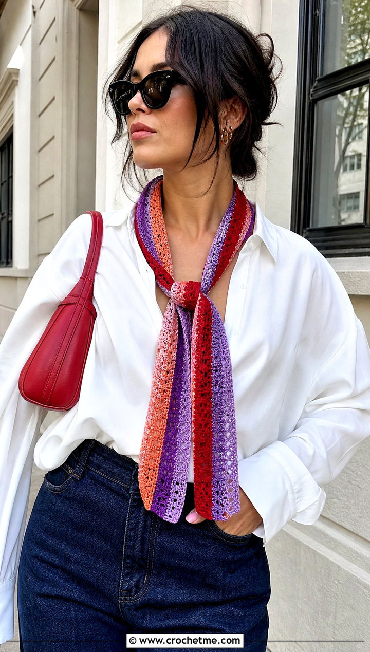 Skinny Crochet Scarf With Button Down Shirt - 25 multi colored crochet scarf outfit ideas