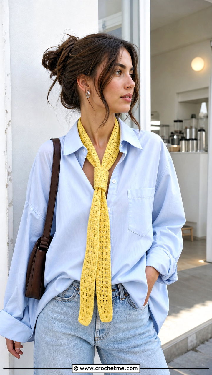 Skinny Crochet Scarf With Button Down Shirt And Jeans - 20 Elegant Crochet Scarf outfit ideas