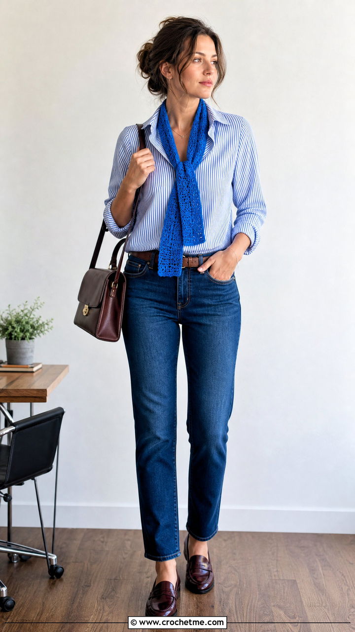 Skinny Crochet Scarf With Button Down Shirt - 35 crochet accessories outfit ideas