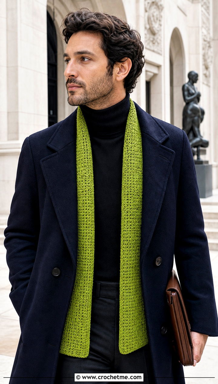 Skinny Crochet Scarf With Double Breasted Coat - 20 Mens Winter Crochet Scarf outfit ideas