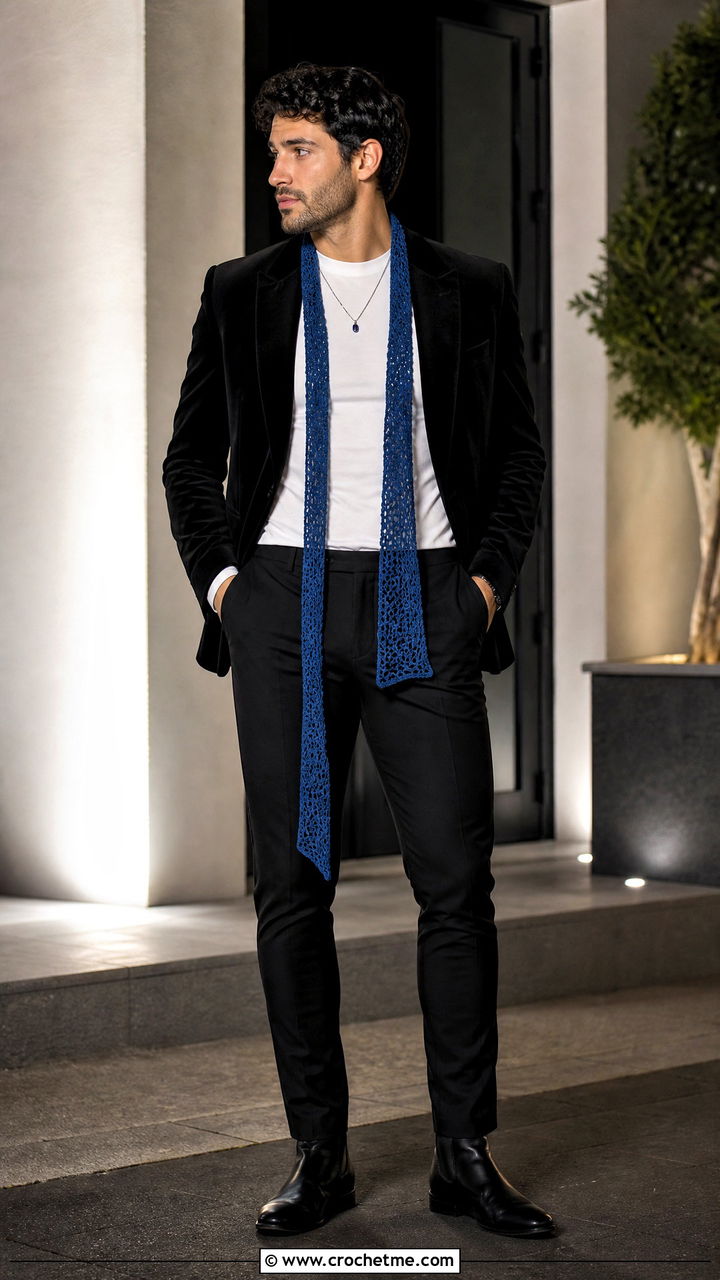 Skinny Crochet Scarf With Evening Blazer - 35 crochet scarf for men outfit ideas