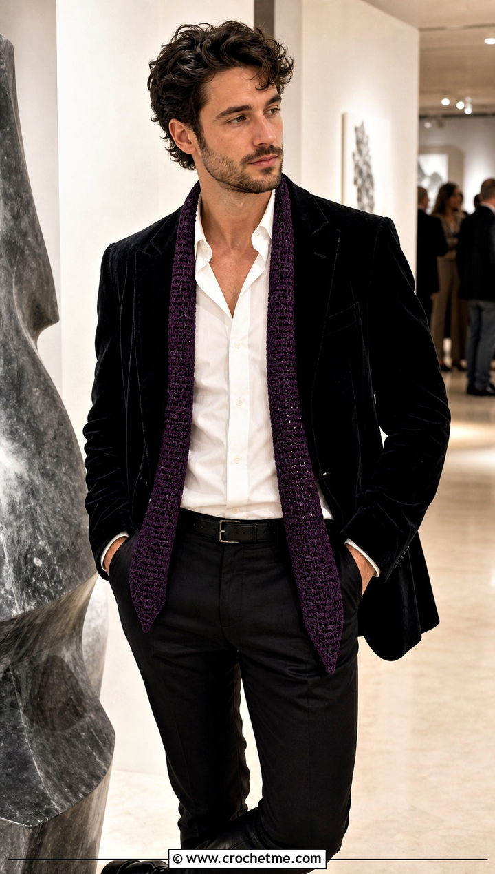 Skinny Crochet Scarf With Evening Blazer - 30 easy crochet scarf men outfit ideas