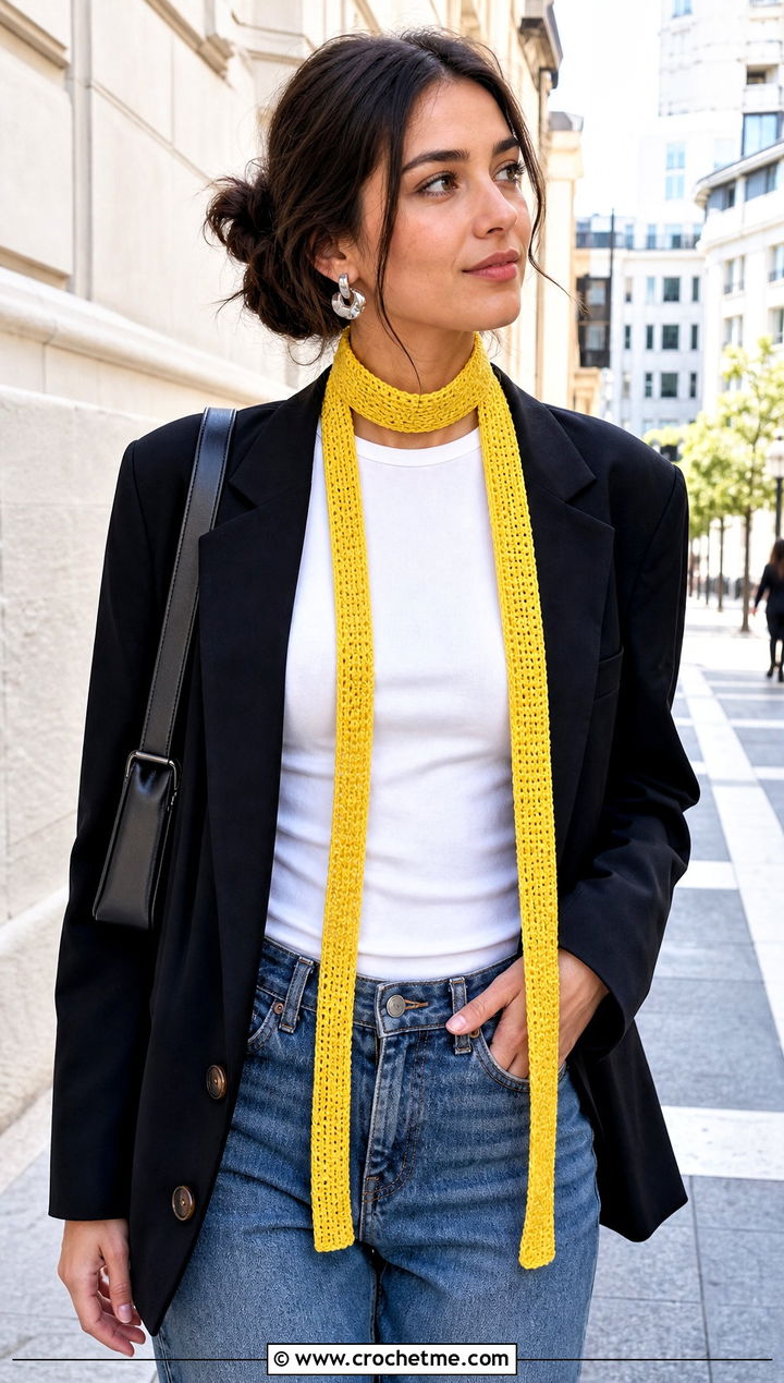Skinny Crochet Scarf With Jeans And Blazer - 15 Light Weight Crochet Scarf outfit ideas