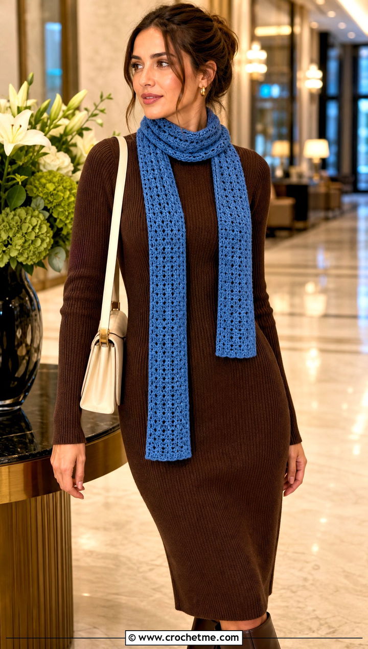 Skinny Crochet Scarf With Knit Dress And Boots - 15 elegant crochet scarf design outfit ideas