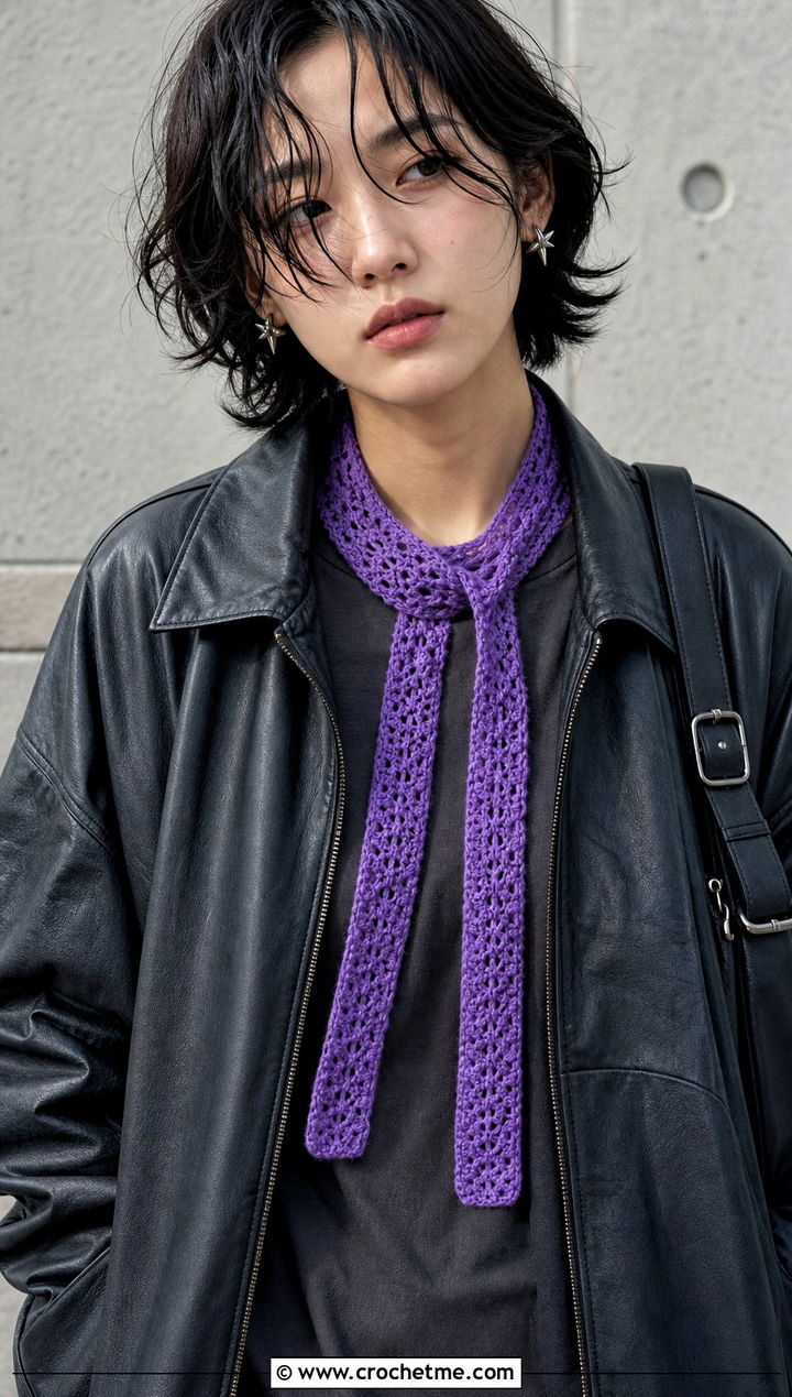 Skinny Crochet Scarf With Leather Bomber And Cargo Pants - 15 Vibrant Crochet Scarf outfit ideas