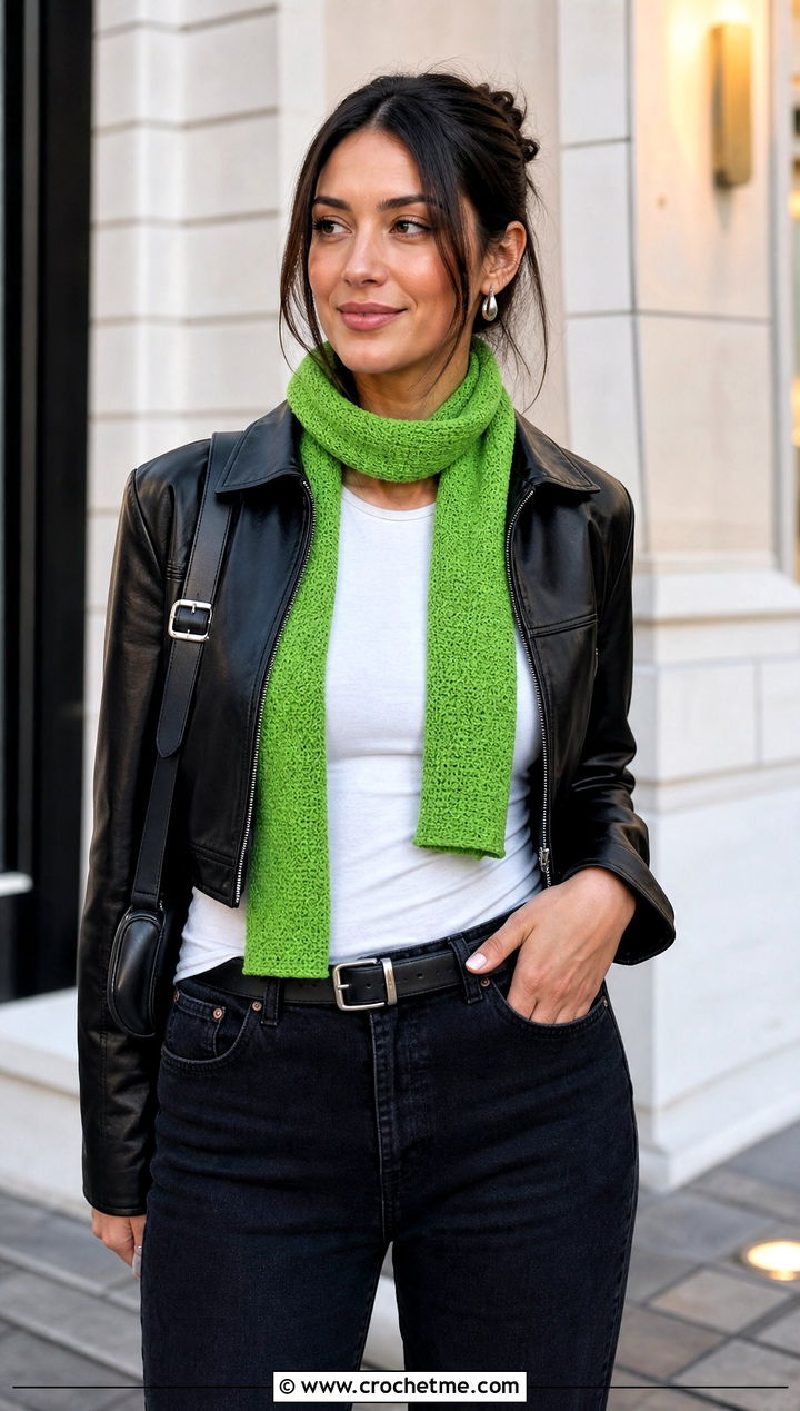 Skinny Crochet Scarf With Leather Jacket And Black Jeans - 15 Dainty Crochet Scarf outfit ideas