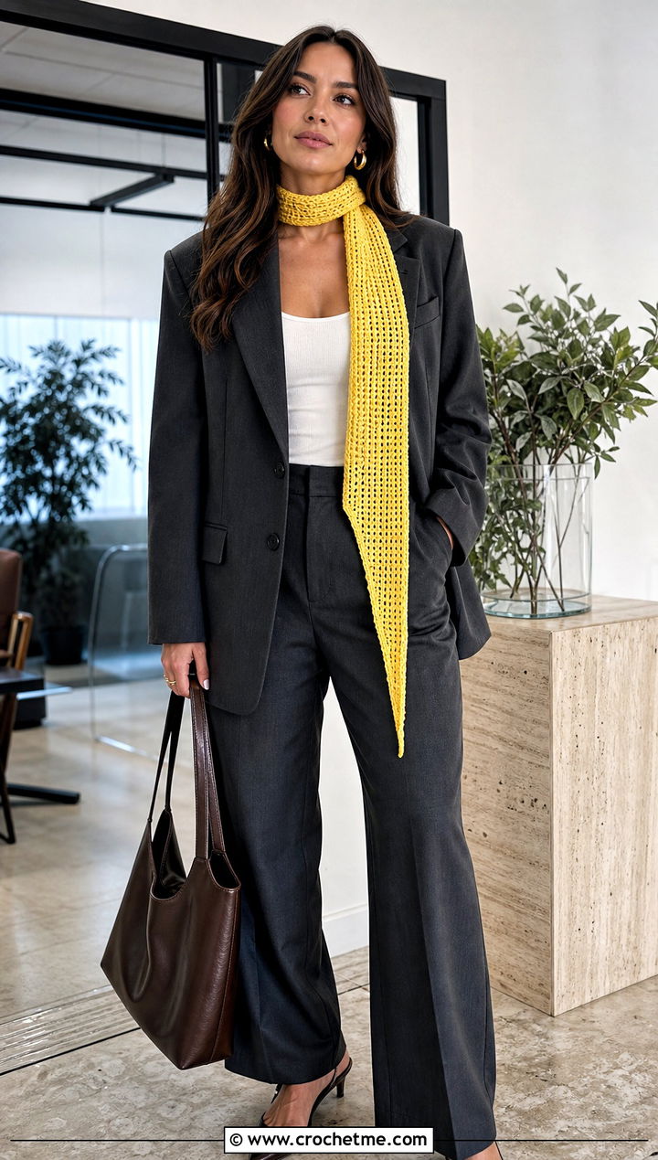 Skinny Crochet Scarf With Oversized Suit - 15 unusual crochet scarf outfit ideas