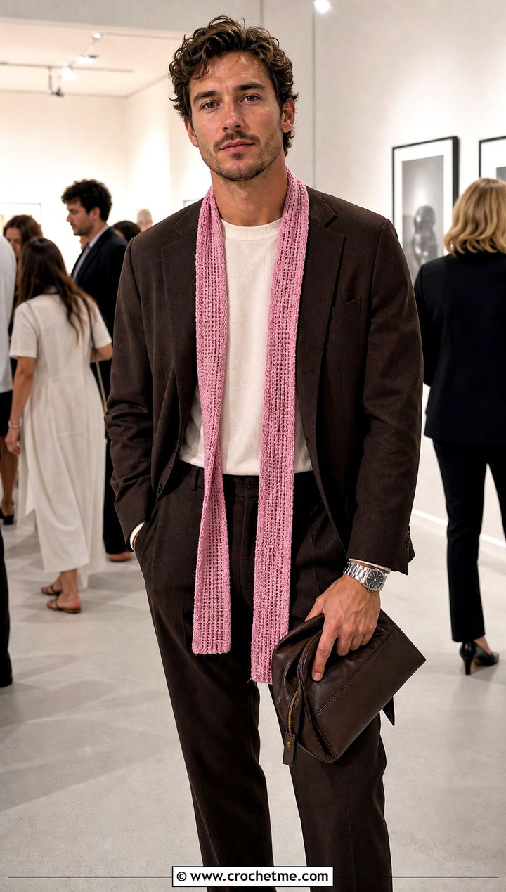 Skinny Crochet Scarf With Relaxed Suit - 30 male crochet scarf outfit ideas