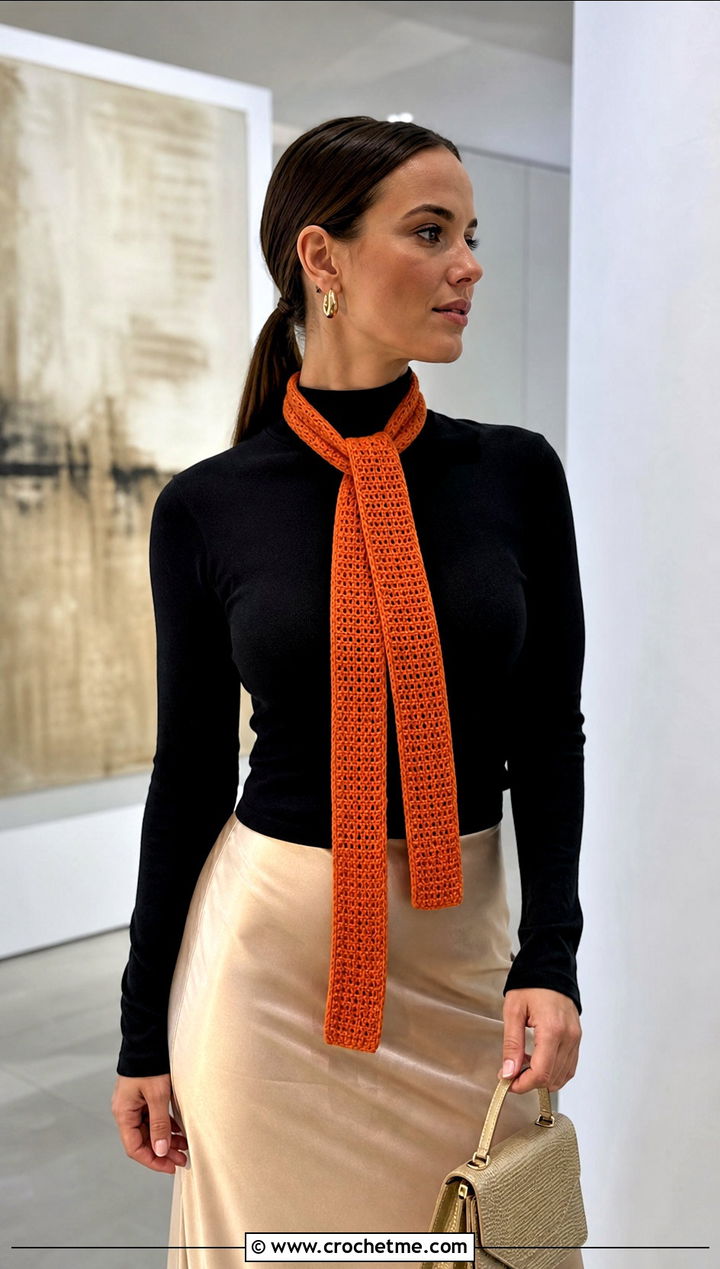 Skinny Crochet Scarf With Satin Midi Skirt - 15 beginner crochet scarf design outfit ideas