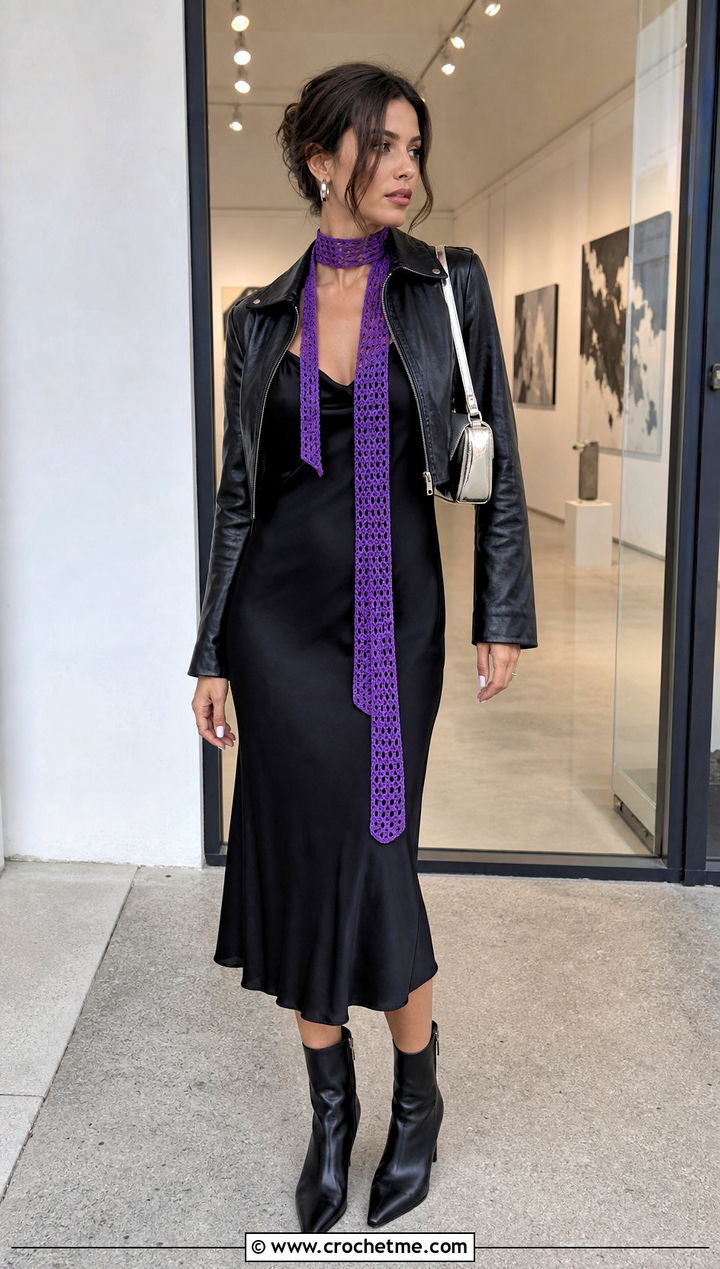Skinny Crochet Scarf With Slip Dress - 35 crochet scarves outfit ideas