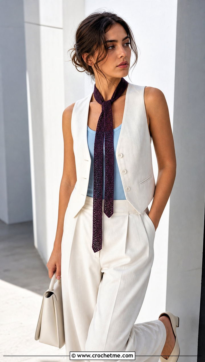 Skinny Crochet Scarf With Tailored Vest - 25 crochet for scarfs outfit ideas