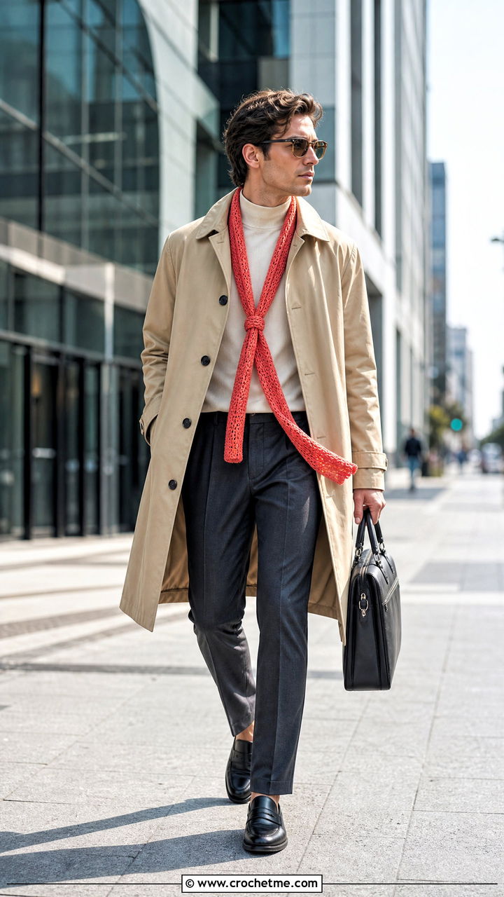 Skinny Crochet Scarf With Trench Coat - 35 men's crochet scarf outfit ideas