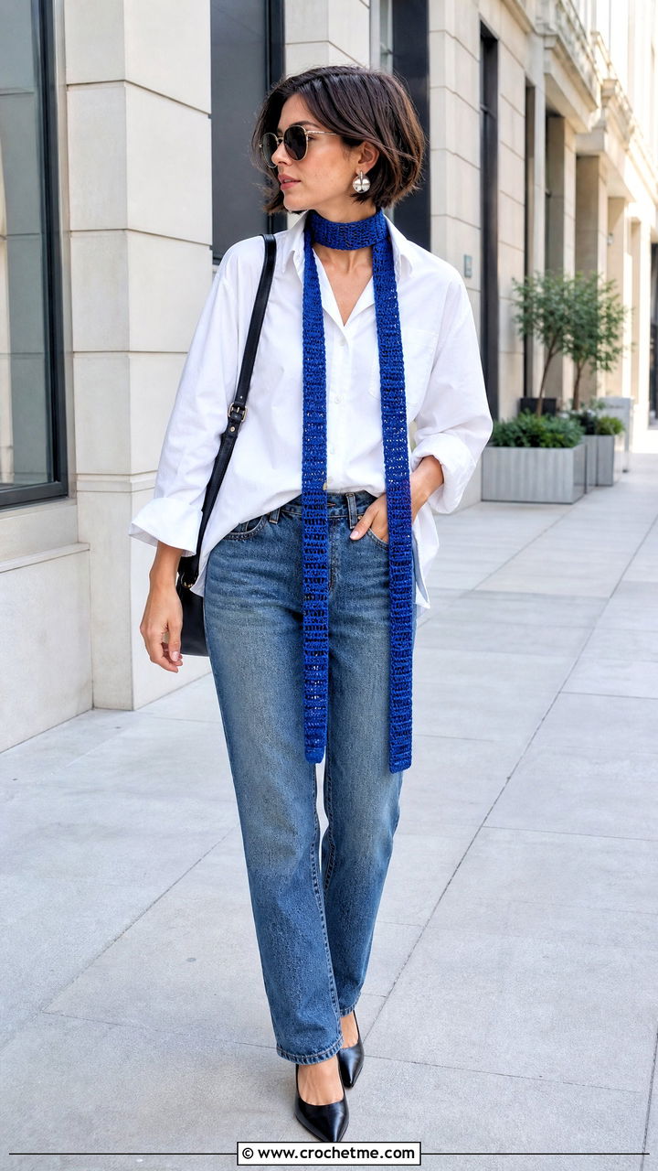 Skinny Crochet Scarf With White Shirt and Jeans - 35 easy one skein crochet scarf outfit ideas
