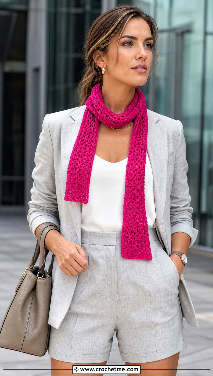 Skinny Crochet Summer Scarf With Blazer And Shorts - 30 crochet summer scarf outfit ideas