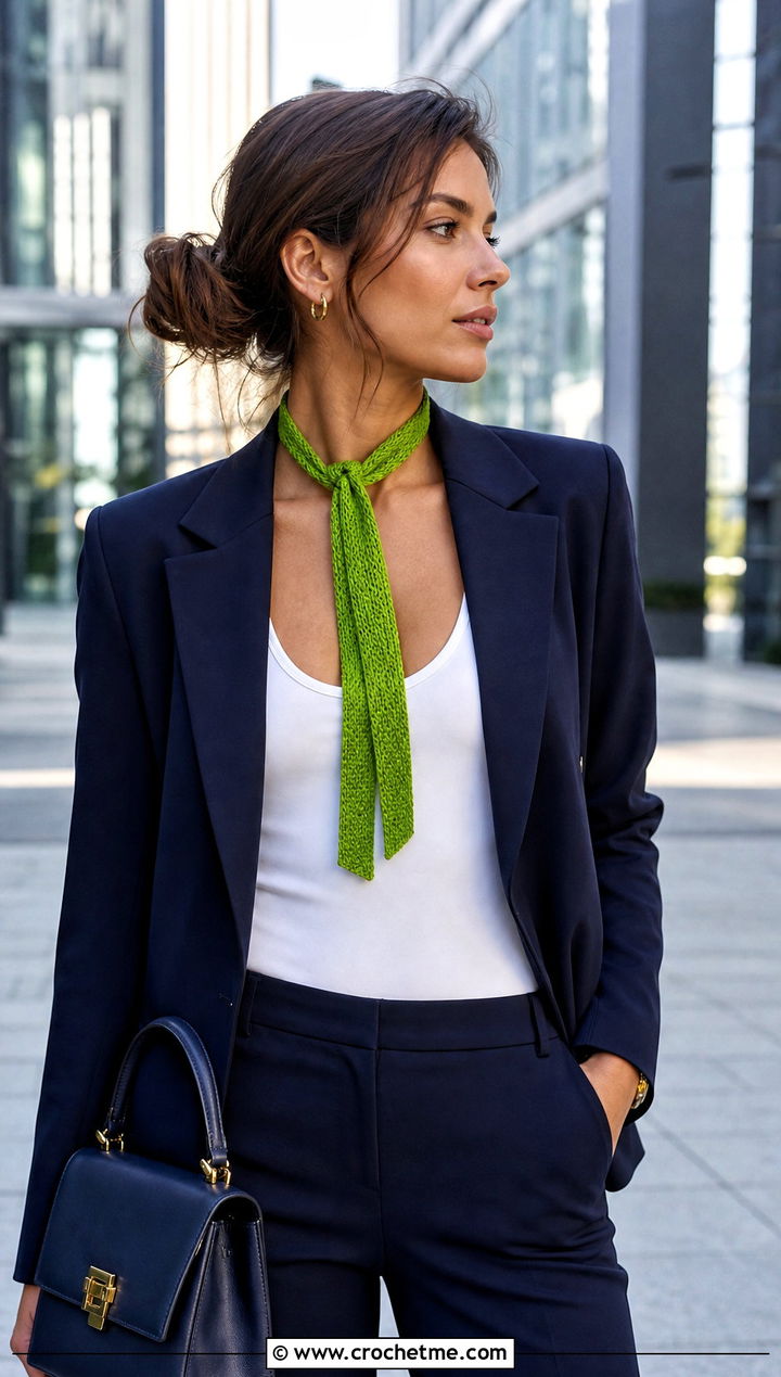 Skinny Crochet Velvet Scarf With Tailored Suit - 25 Crochet Velvet Scarf outfit ideas
