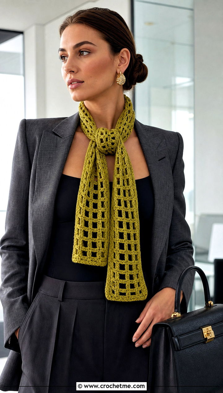 Skinny Crochet Windowpane Scarf With Blazer And Trousers - 15 crochet windowpane scarf outfit ideas