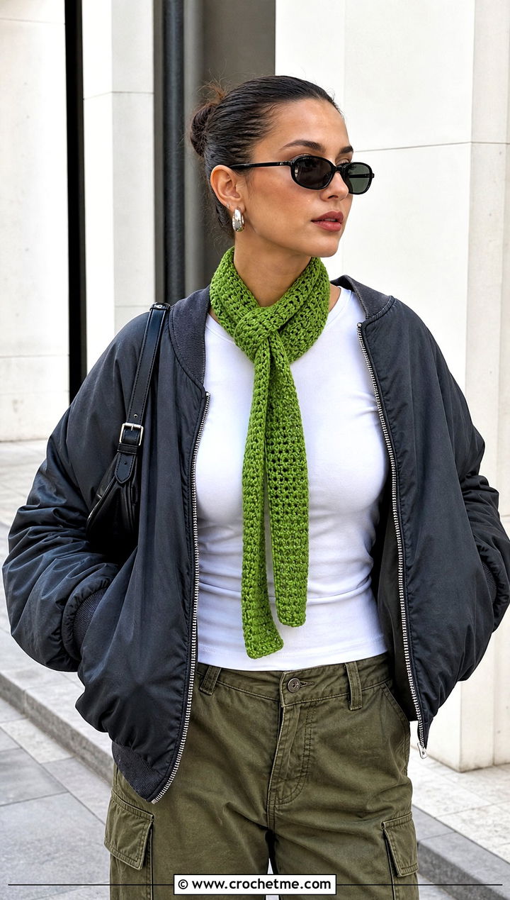 Skinny Crochet Winter Scarf With Bomber Jacket - 35 crochet winter scarf outfit ideas