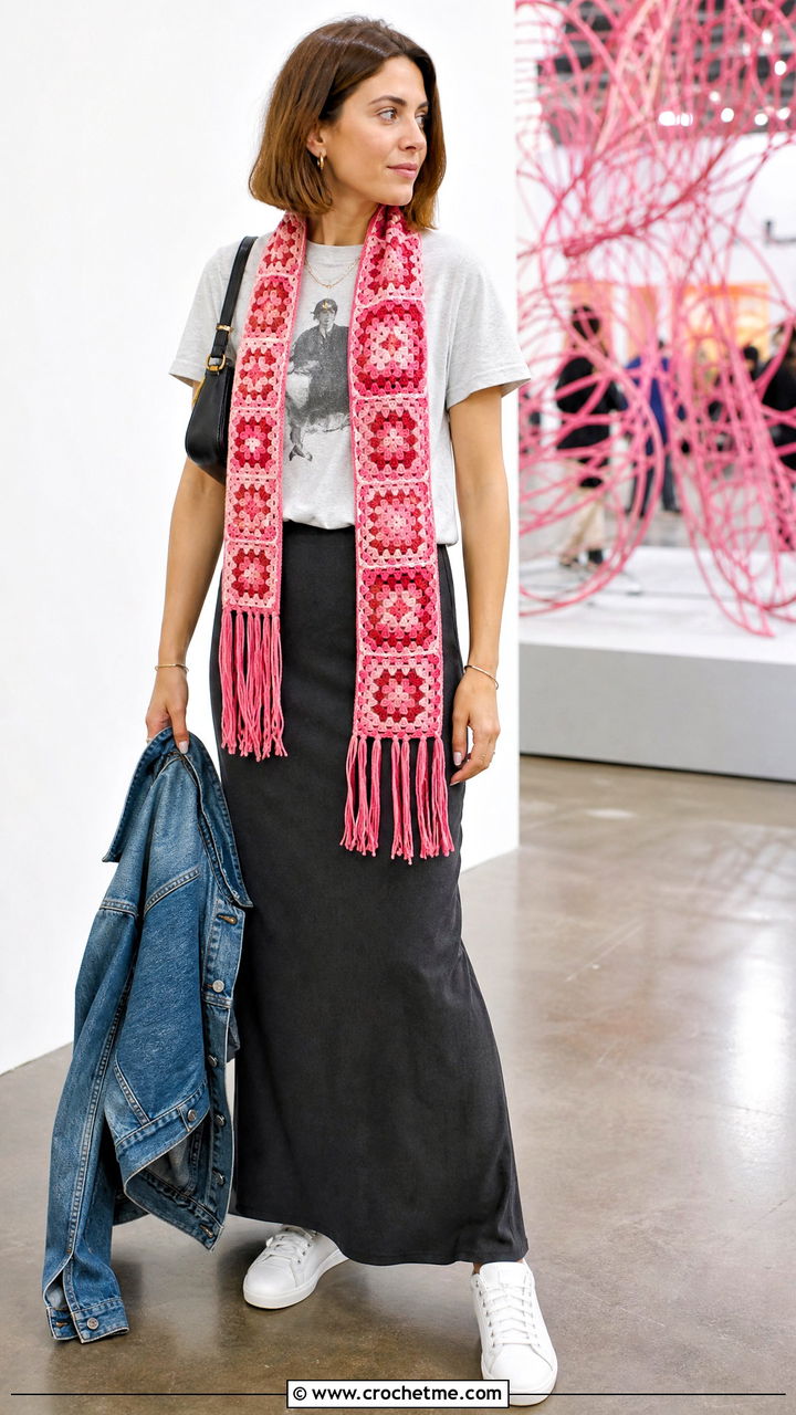 Skinny Fringe Granny Square Scarf With Graphic T Shirt And Maxi Skirt - 35 granny square scarf outfit ideas