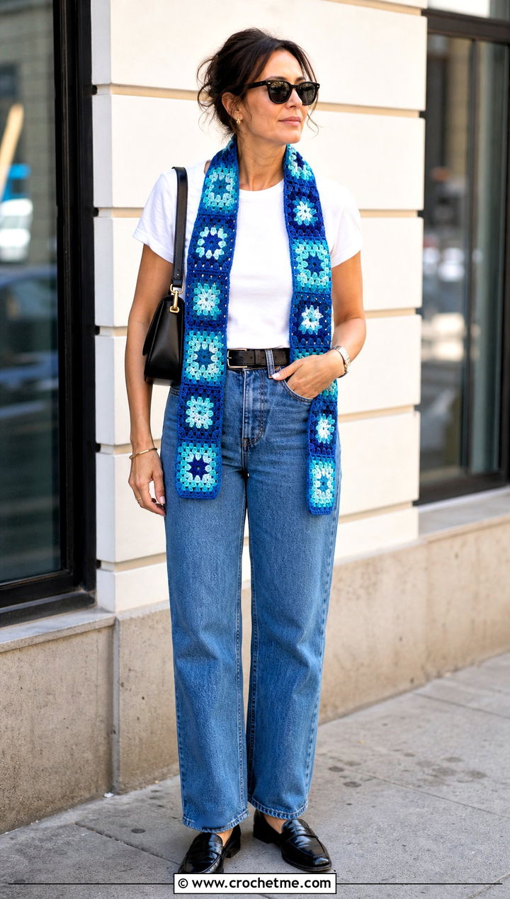 Skinny Granny Square Crochet Scarf With White Tee And Jeans - 35 small crochet scarf outfit ideas