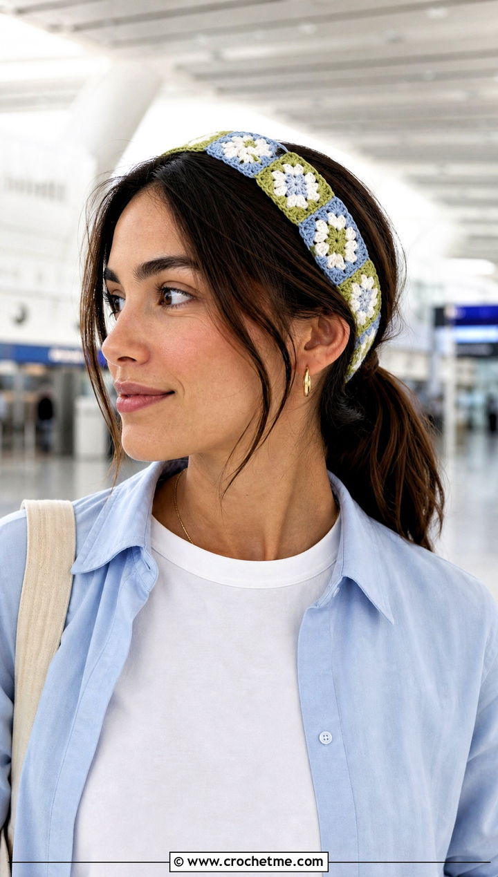 Skinny Granny Square Headband With Travel Outfit - 15 Crochet Granny Square Headband outfit ideas
