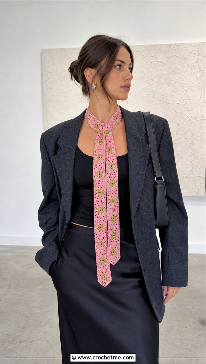 Skinny Granny Square Scarf With Blazer And Column Skirt - 30 crochet granny square scarf outfit ideas