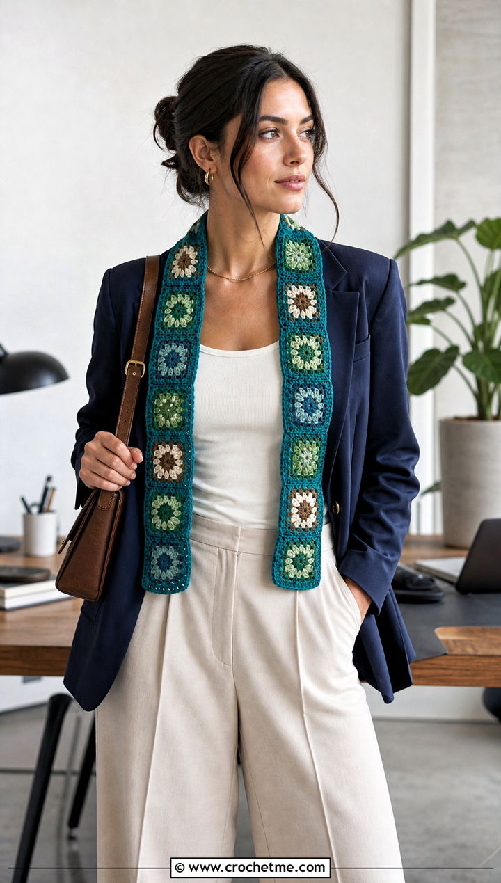 Skinny Granny Square Scarf With Blazer and Wide Leg Pants - 25 granny square scarves outfit ideas