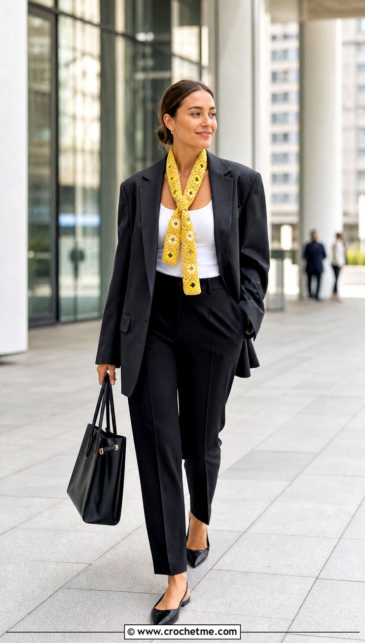 Skinny Granny Square Scarf With Blazer - 35 granny crochet scarf outfit ideas