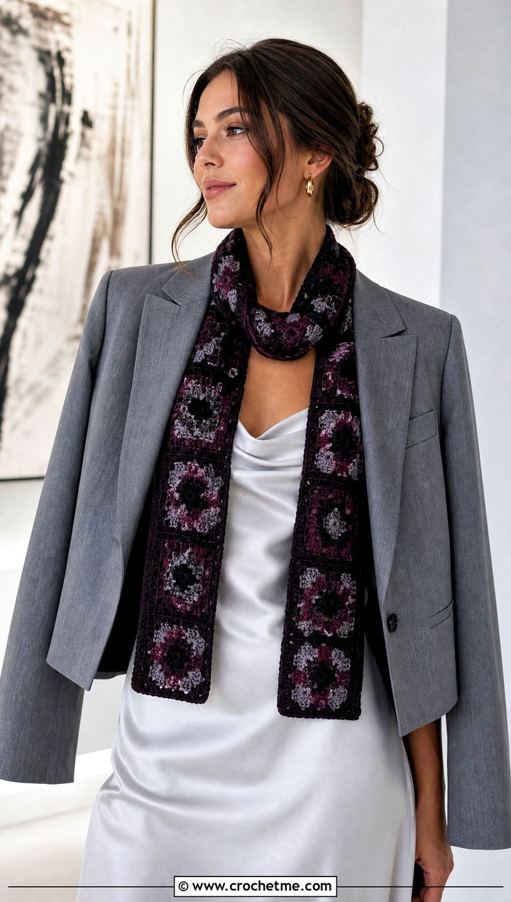 Skinny Granny Square Scarf With Satin Slip Dress - 30 crochet scarf squares outfit ideas