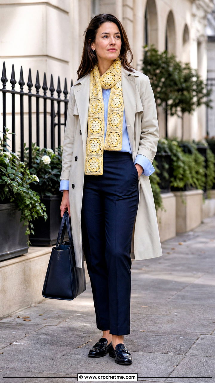 Skinny Granny Square Scarf With Trench Coat And Trousers - 35 granny square scarf outfit ideas