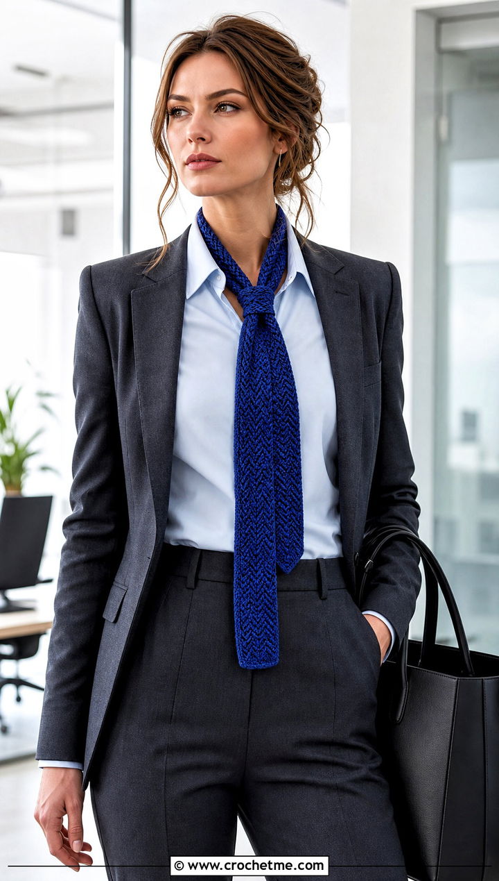 Skinny Herringbone Crochet Scarf With Blazer And Trousers - 15 Herringbone Crochet Scarf outfit ideas