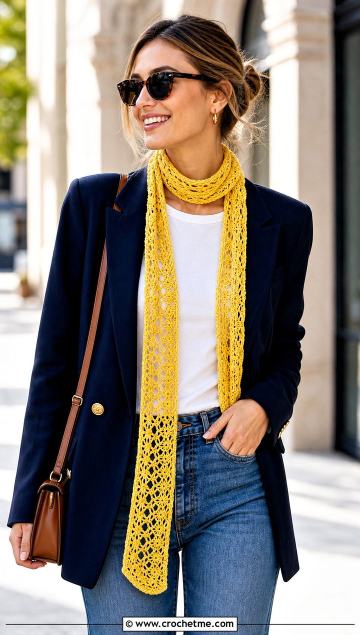 Skinny Lace Crochet Scarf With Blazer And Jeans - 15 Easy Lace Crochet Scarf outfit ideas