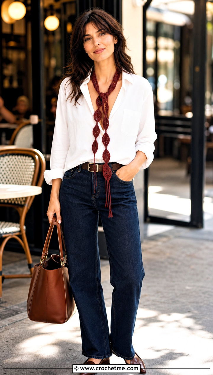 Skinny Leaf Lariat Scarf With White Shirt - 25 crochet leaf scarf outfit ideas
