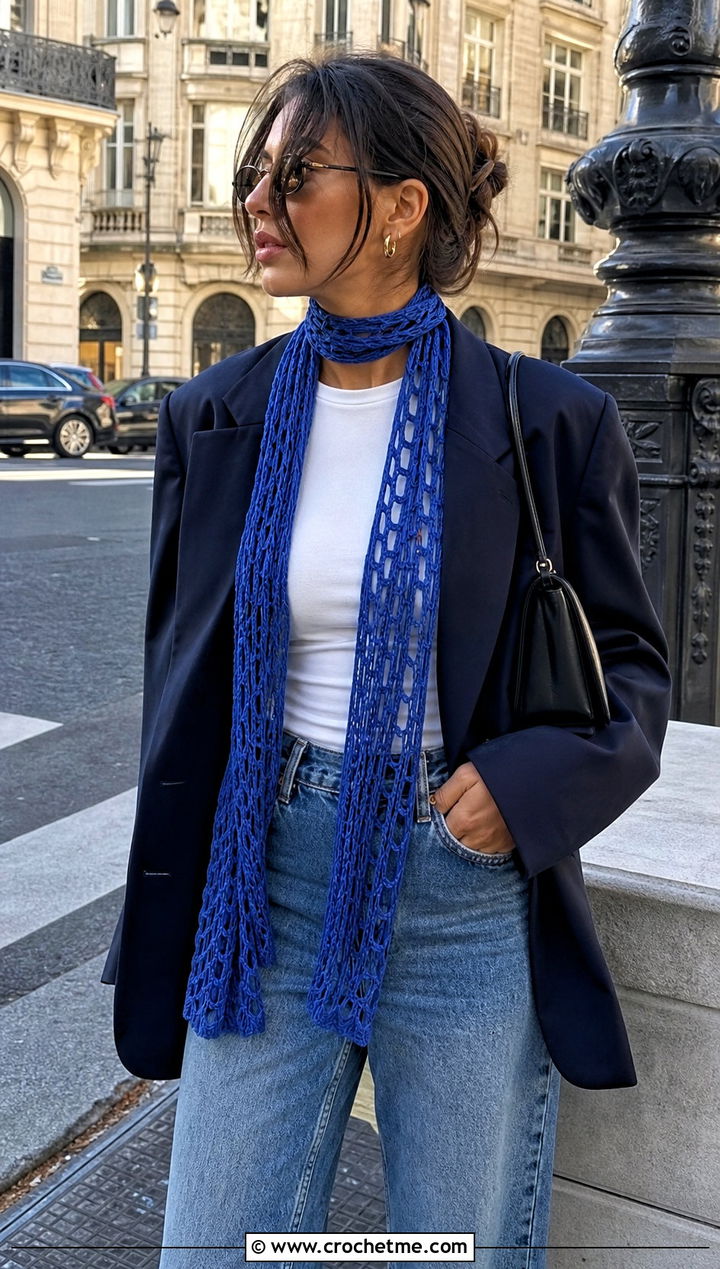 Skinny Mesh Crochet Scarf With Blazer And Jeans - 25 Mesh Crochet Scarf outfit ideas