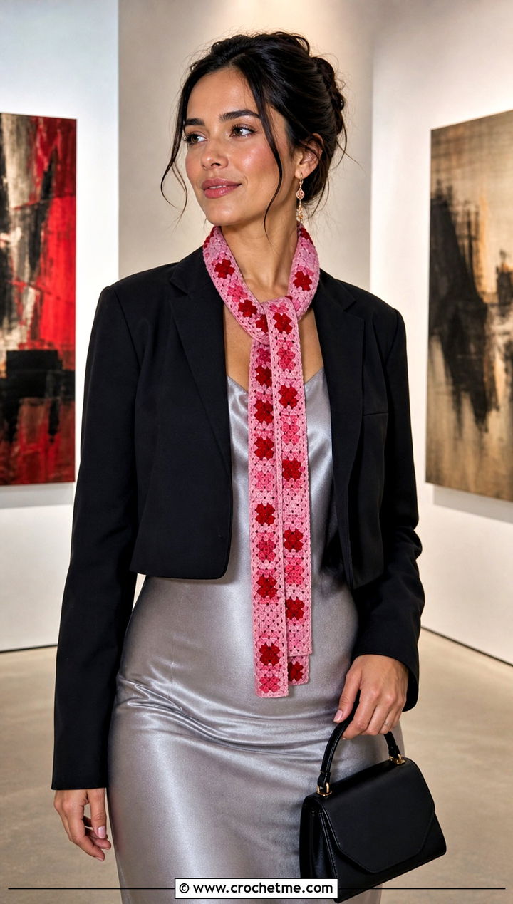 Skinny Mosaic Crochet Scarf With Slip Dress - 25 Mosaic Crochet Scarf outfit ideas