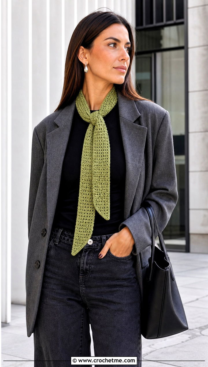 Skinny Moss Stitch Crochet Scarf With Blazer And Jeans - 25 Moss Stitch Crochet Scarf outfit ideas