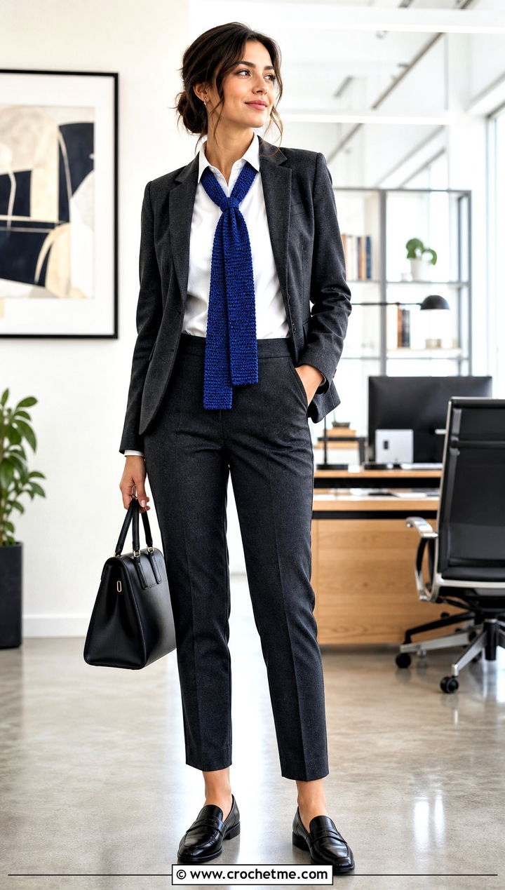 Skinny Moss Stitch Scarf With Blazer And Tailored Trousers - 35 crochet moss stitch scarf outfit ideas